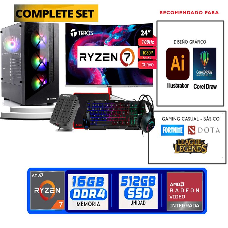Computadora ryzen 7 5700g ram 16gb ssd 512 M.2 monitor 24 full hd WIFI