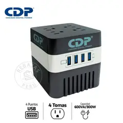 CDP - Estabilizador RU-AVR604I 600VA/300W con 4 Salidas y 4 Puertos USB