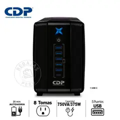CDP - UPS R-UPR758I 750VA/375W con 8 Salidas y 5 Puertos USB Tipo C