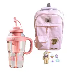 GENERICO - Mochila Kawaii porta laptop diseño Osito rosada más botella tomatodo