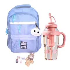 GENERICO - Mochila Kawaii porta laptop celeste con llavero y pines más botella