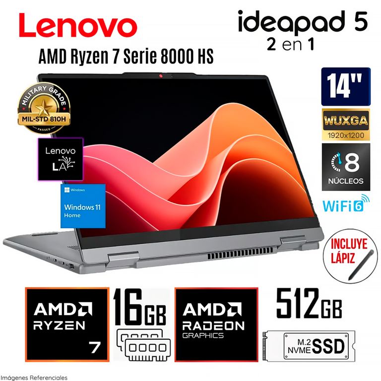 Laptop Ideapad 5 2 en 1 14AHP9 AMD Ryzen 7 8845HS 16GB RAM 512GB SSD 14" WUXGA - 83DR005ULM