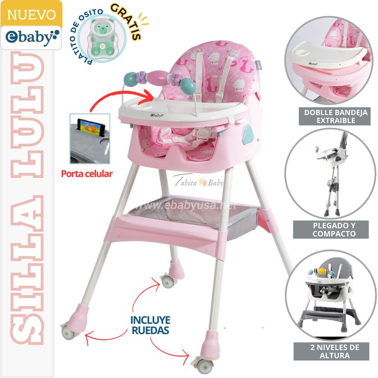 SILLA DE COMER PLEGABLE CON RUEDAS LULU ROSADO