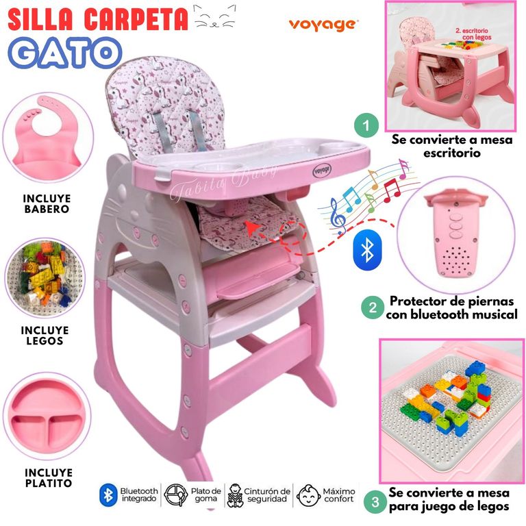 SILLA DE COMER CARPETA MUSICAL GATO ROSADO 4 EN 1