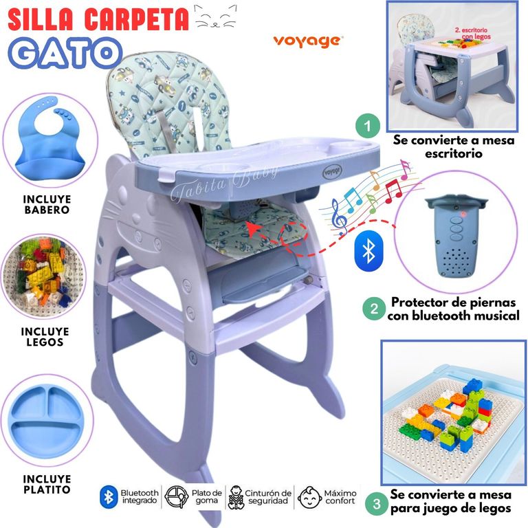 SILLA DE COMER CARPETA MUSICAL GATO AZUL 4 EN 1