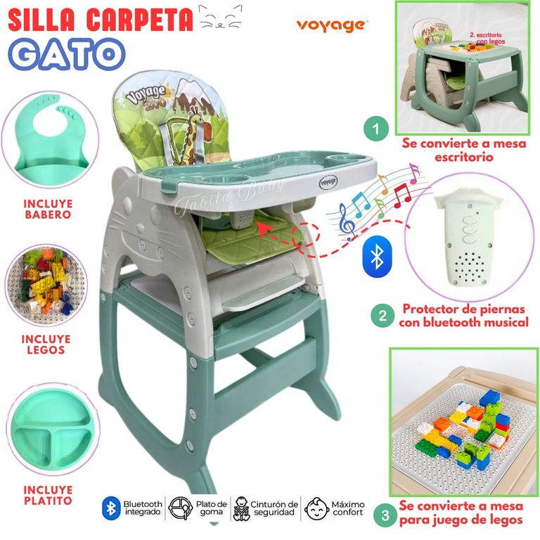 SILLA DE COMER CARPETA MUSICAL GATO VERDE 4 EN 1