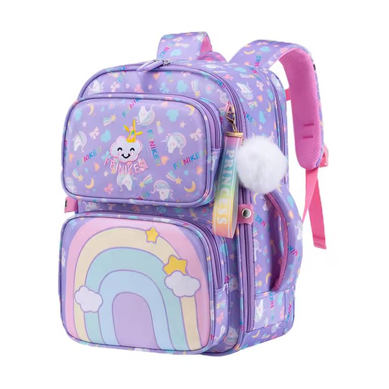 Mochila Escolar Arco Iris Niña Tamaño Oficio Morado Impermeable Kawaii