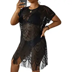KAST PE - Salida de Playa Mallorca Túnica con Flecos Negra Talla L
