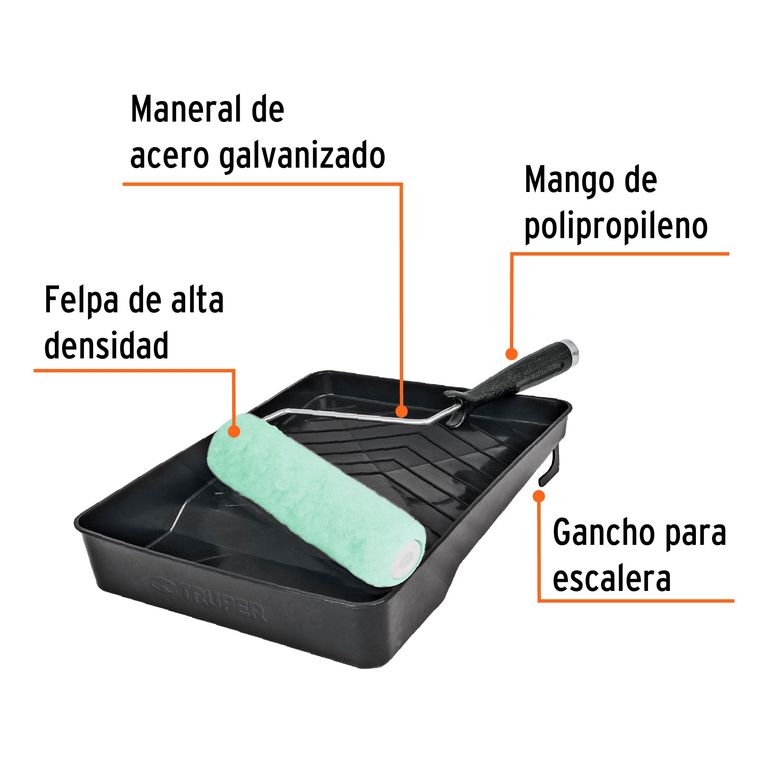 Kit de rodillo para pintar 9 maneral charola y felpa COD 13843