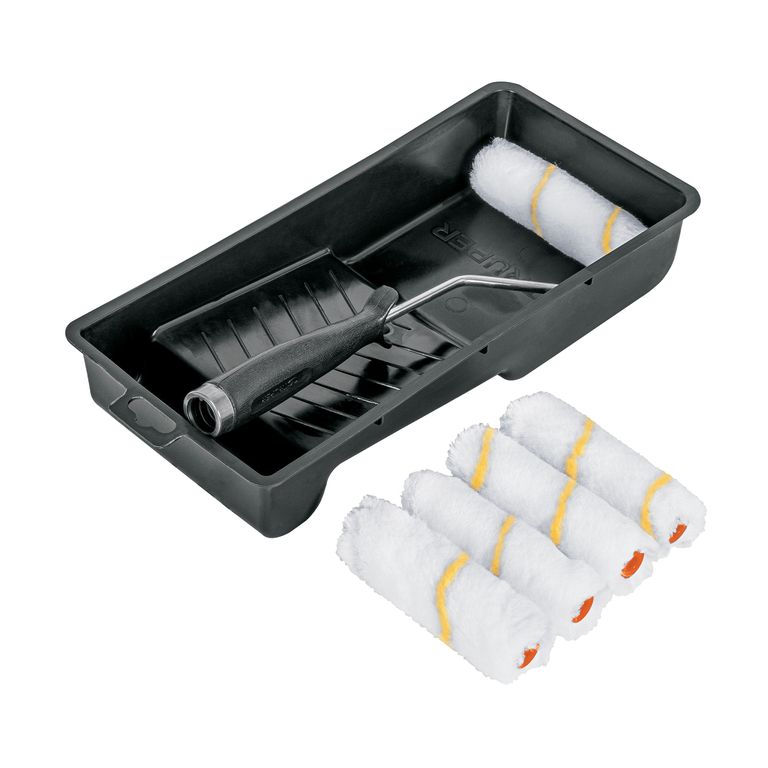 Kit de rodillo para pintar, 4" (maneral, charola y 5 felpas) COD 15023