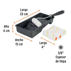 TRUPER - Kit de rodillo para pintar, 4" (maneral, charola y 5 felpas),