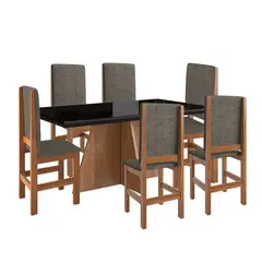 2020 HOME PERU - Juego de Comedor Vidrio 6 Sillas Madera Marrón - Negro