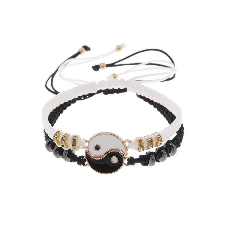 Pulsera 2 en 1 Ying Yang para parejas amigos Blanco-Dorado Negro