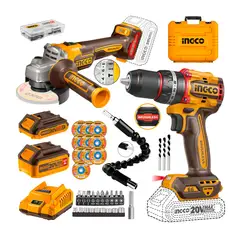 INGCO TOOLS - KIT BRUSHLESS TALADRO + AMOLADORA 4 1/2" + DISCOS + 2 BATERÍAS INGCO