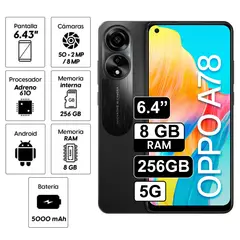 OPPO - Celular A78 256GB 8GB ram cámara principal 50MP + 2MP frontal 8MP 64 Pulg negro