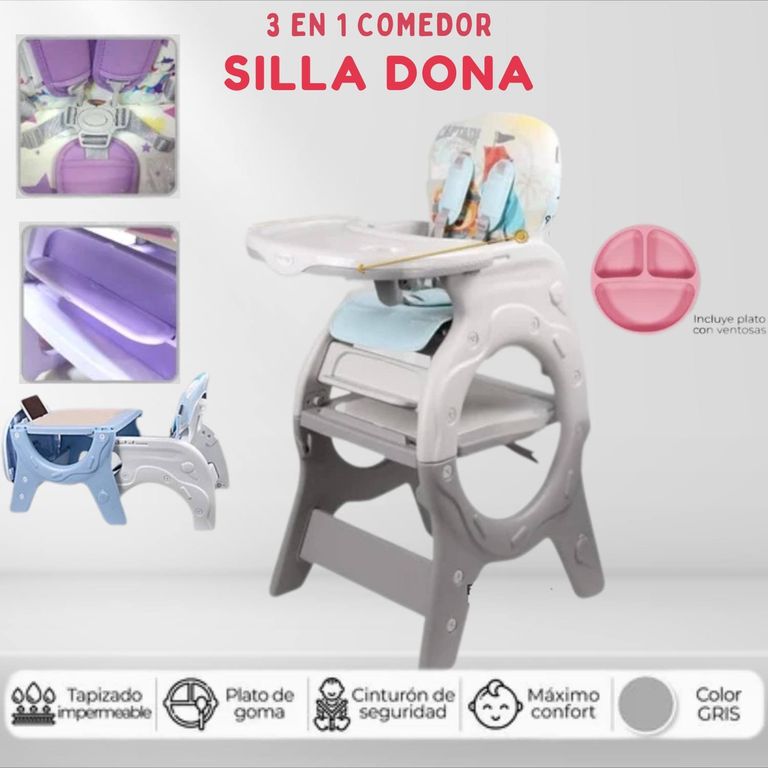 Silla comer 3en 1 dona gris