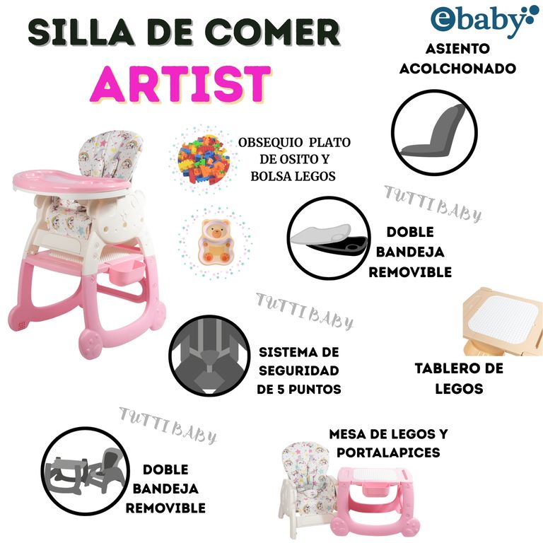 SILLA DE COMER ESCRITORIO ARTIST4 EN 1 ROSADO + OBSEQUIO PLATO Y BOLSA DE LEGOS