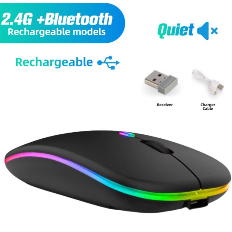 Mouse Inalámbrico Recargable Dual Bluetooth y USB 24G RGB NEGRO