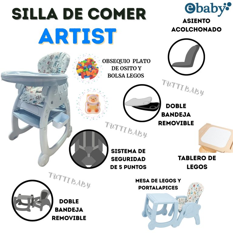 SILLA DE COMEDOR ESCRITORIO ARTIST AZUL 4 EN 1 + OBSEQUIO PLATITO PARA NIÑO Y 1 BOLSA DE LEGOS