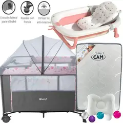 EBABY - Cuna Colecho Nala ROSADO + Colchón PLOMO + tina ROSADO