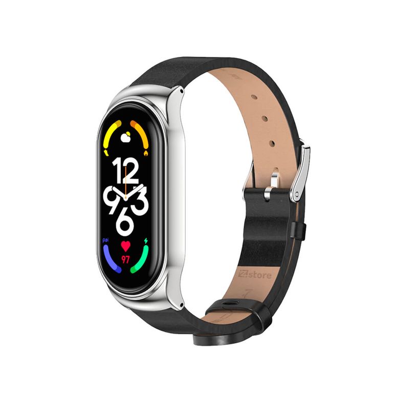 Correa de Cuero Compatible Con Xiaomi Mi Band 6 Metal Negro-Silver