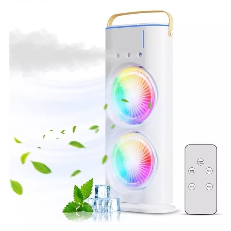 VENTILADOR DOBLE HUMIDIFICA GIRA 180g PORTATIL Y CONTROL REMOTO