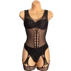 GENERICO - Enterizo malla con brillos color negro