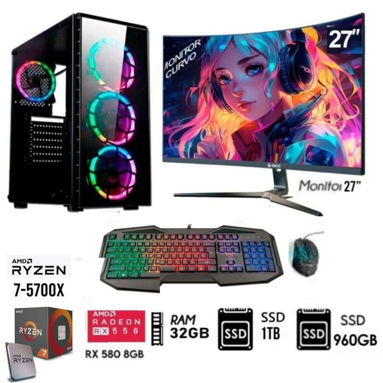 Computadora PC Gamer 7 5700x Ram 32GB SSD-M2 1TB+SSD 960GB RX 580 8GB M27