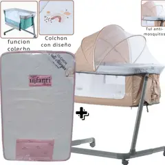 EBABY - Cuna Colecho MARION BEIGE + Colchón para cuna ROSADO