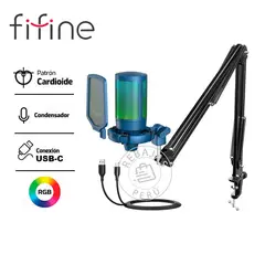 FIFINE - Micrófono A6T RGB Azul Condensador Brazo Mute y Antipop