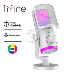 FIFINE - Micrófono AM6 Blanco USB Cardioide, RGB, Brazo y Filtro Antipop