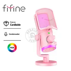 FIFINE - Micrófono AM6 Rosado USB Cardioide RGB Brazo y Filtro Antipop
