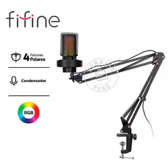 FIFINE - Micrófono A8T Black USB 4 Patrones, RGB, Brazo y Filtro