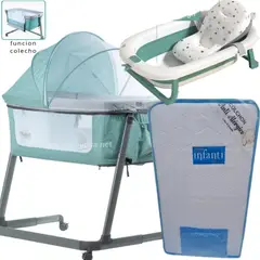 EBABY - Cuna Colecho MARION+ Colchón para cuna CELESTE + TINA VERDE