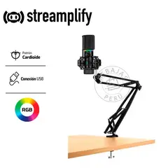 STREAMPLIFY - Micrófono Gamer RGB MIC-48 Brazo, USB, 48kHz, Cardioide