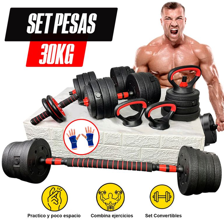 Set Mancuernas 30KG Pesa Rusa-Rueda AB Barra Recta Guante