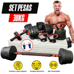 HOLGU - Set Mancuernas 30KG Pesa Rusa-Rueda AB Barra Recta Guante