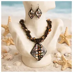 FERNANDA ROMERO JOYAS Y ACCESORIOS - Juego Collar y Aretes Natural Grande Detalles Amaderado Nacar y Grises