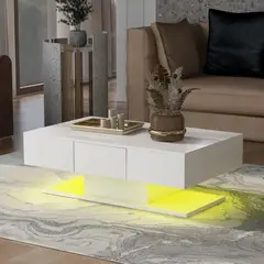 TU MESITA - Mesa de Centro Moderna Amauta color Blanco 2 cajones LED