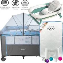 EBABY - Cuna Colecho NALA AZUL+ Colchón CELESTE+tina con cojín VERDE