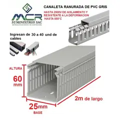GENERICO - CANALETA DE PVC GRIS PARA CABLES DE 25mm BASE X 60MM ALTURA X 2m LARGO