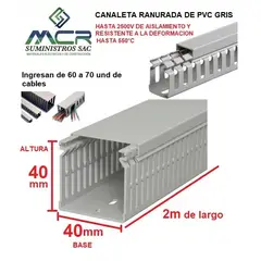 GENERICO - CANALETA DE PVC GRIS PARA CABLES DE 40mm BASE X 40MM ALTURA X 2m LARGO