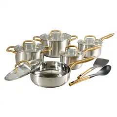 OSTER - Juego de Ollas 12 Piezas Acero Inoxidable Davinelle acabado Oro Plata