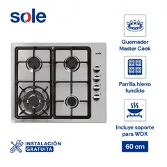 SOLE - Cocina Empotrable A Gas, 4 Hornillas, Acero Inoxidable, 58Cm