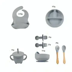GENERICO - Set de Plato de Silicona con Cubiertos para Bebe Niños Gris de 8 Pcs