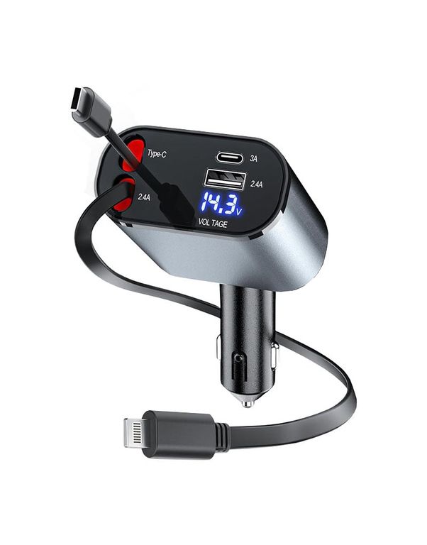 Cargador retráctil 4 EN 1 de Auto 120W - Tipo C x2, IOS, USB 3.0
