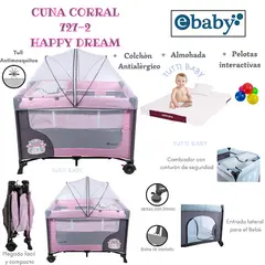 EBABY - CUNA CORRAL CON CAMBIADOR + COLCHON HAPPY DREAM - ROSADO