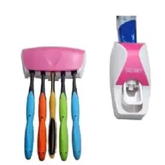 GENERICO - Porta Cepillos y Dispensador de Pasta Dental 2 en 1 color rosado