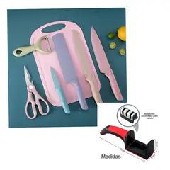 GENERICO - Pack de cuchillos tonos pastel y afilador de cuchillos