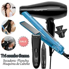 GAMA - Trio Secadora Profesional Tempo Negro 3D - Plancha Alisadora Blue Titanio 3D Dig - Maquina Black
